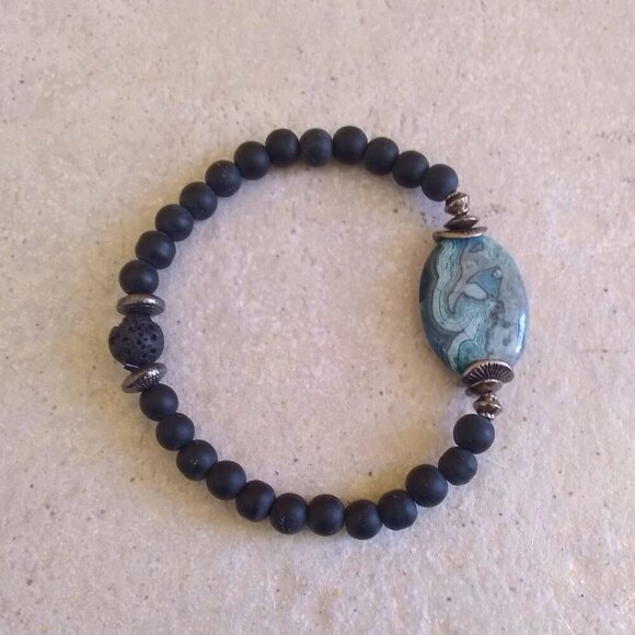 Blue Gray & Black - Sleek Crazy Lace Agate Bracelet - 6.5-7" Wrists - Minimalist - Picture 1 of 7